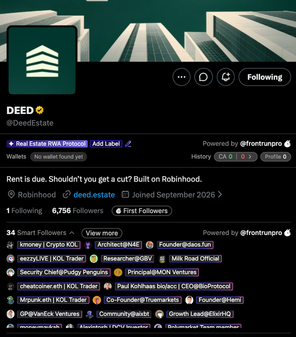 This image shows a X (formerly Twitter) profile for "DEED" (@DeedEstate), a Real Estate RWA Protocol with 6,756 followers and 34 Smart Followers, including notable crypto figures like kmoney, Architect@N4E, and ezzyLIVE. The profile features the tagline "Rent is due. Shouldn't you get a cut? Built on Robinhood" with link deed.estate. The accompanying post promotes a 15 SOL giveaway requiring users to engage with a quoted tweet, like, retweet, and drop their wallet address—a classic engagement farming tactic that targets followers of crypto/Web3 accounts like DEED to boost interaction metrics.