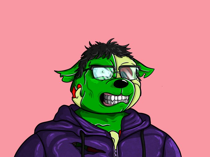 A digital illustration of a green cartoon dog character wearing a purple hoodie and sunglasses, with a small red mark on its cheek, set against a pink background.