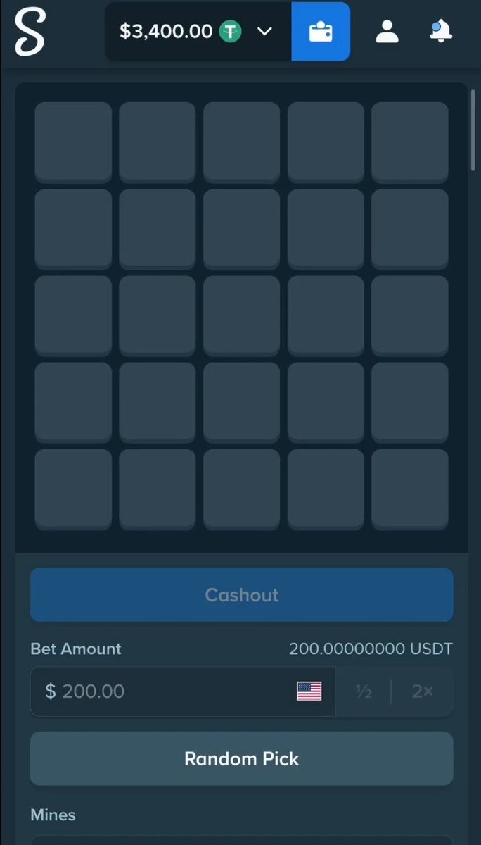 A screenshot of the Stake Mines game interface showing a $3,400.00 USDT balance with a $200.00 bet amount and a 5×5 grid of unrevealed tiles, capturing the moment before attempting to hit the maximum win.