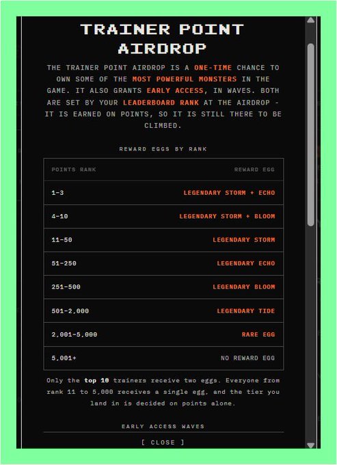 A pixel-art style 'TRAINER POINT AIRDROP' screen detailing reward eggs based on leaderboard rank, ranging from Legendary Storm to no reward.