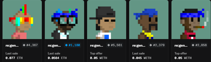 Row of five pixel art character NFTs from a 'regen...' collection with mint numbers #4,367, #1,180, #5,561, #2,379, and #2,858, displaying their last sale prices ranging from 0.045 to 0.077 ETH/WETH.