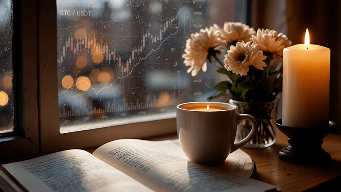 A moody scene featuring a BTC/USDT candlestick chart on a window alongside a lit candle, coffee mug, flowers, and an open book.