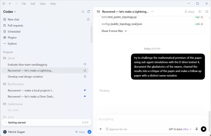 A screenshot of the Codex interface showing a chat project titled 'Recovered — let's make a Lightning…' where a user has requested a paper critique, with 'GPT-6 Astra Ultra' selected.