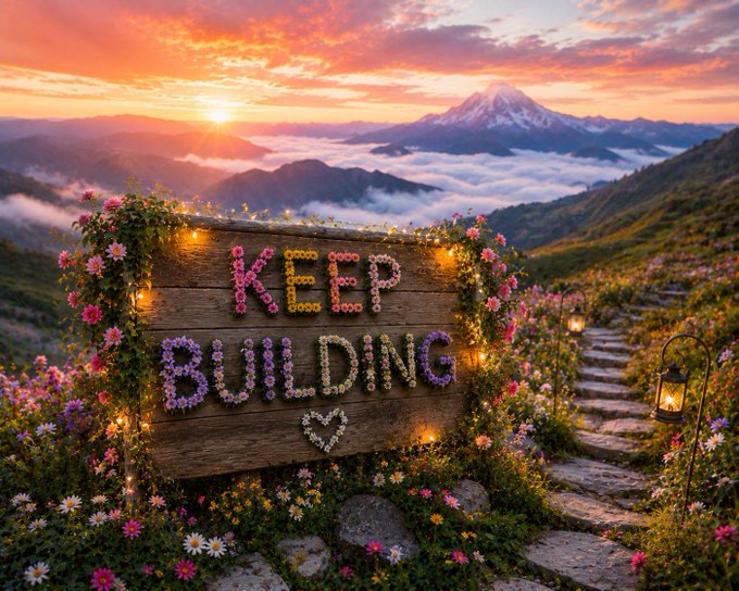 A vibrant landscape at sunrise or sunset features a mountain valley above the clouds, with a wooden sign decorated in flowers reading 'KEEP BUILDING' and a small heart.