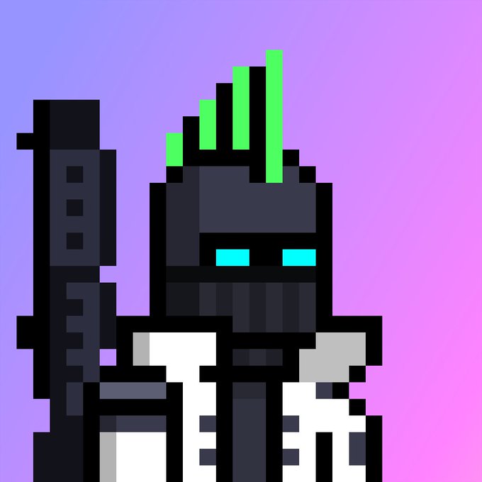 A pixel-art robot character with a glowing green mohawk and cyan eyes stands against a purple gradient background, representing the "Banger Bot" NFT collection that gained rapid traction within 24 hours of its mint, earning endorsements from prominent crypto-art figures like Beeple and XCOPY.