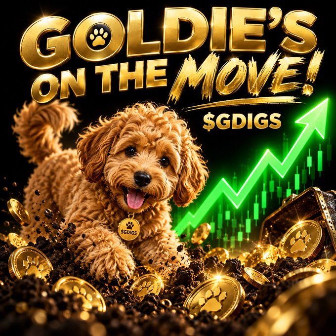 A promotional graphic for '$GDIGS' featuring a curly brown dog beside gold coins and an upward green stock chart, with the tagline 'GOLDIE'S ON THE MOVE!'.