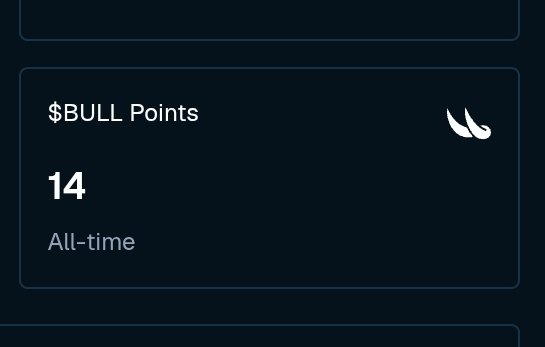 A dark-themed interface showing '$BULL Points 14 All-time' with a small white icon.