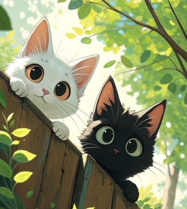 An anime-style illustration of two cute kittens, one white and one black, peeking over a wooden fence with green foliage in the background.