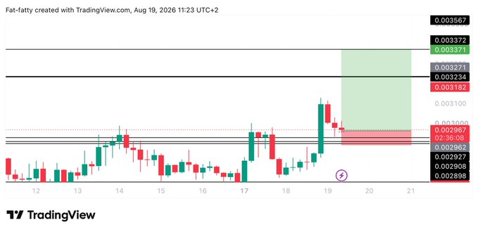 A TradingView chart of the "Fat-fatty" cryptocurrency created on August 19, 2026, displays a candlestick pattern with a highlighted green projected move targeting $0.003371, corresponding to the $PUMP long trade setup with entry at 0.002968, target at 0.00337, and stop-loss at 0.002882.