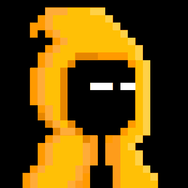 Pixel art illustration of a mysterious figure in a yellow hooded jacket with a black visor displaying white pixel eyes.