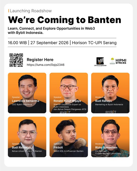 A 'Launching Roadshow' event flyer titled 'We're Coming to Banten' promotes a Web3 event by Bybit Indonesia on 27 September 2026, featuring speakers Lawrence Samantha, Ronald Yusuf Wijaya, Budi Rahayu, Budi Ridhullah, Pikbolt, and Rizky Ramadhan.