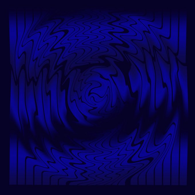 An abstract digital art piece featuring a swirling vortex of wavy, dark blue and black lines creating a hypnotic, distorted pattern.