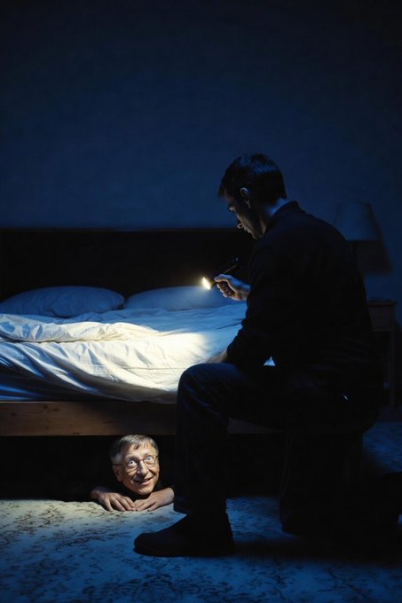 urn of gold sits on a bed, illuminated by a flashlight held by a man in black suit and glasses, with another man peeking out from under the covers.