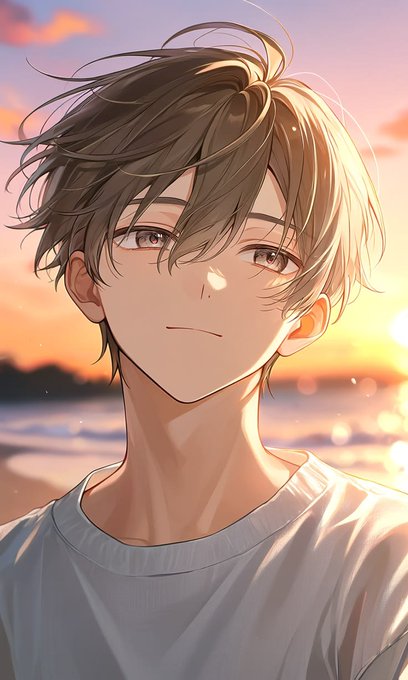 An anime-style illustration of a young man with brown hair smiling softly against a sunset beach background.