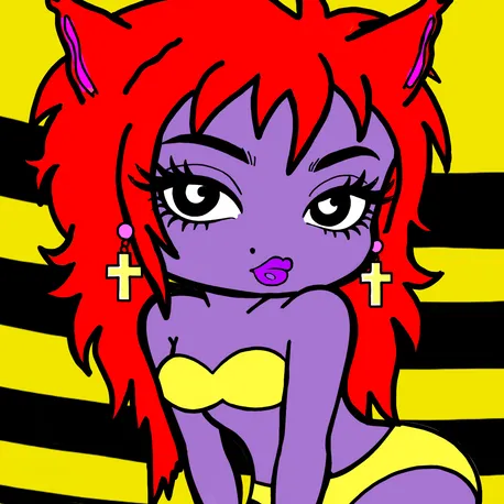 An illustrated cartoon character with purple skin, voluminous red hair, and cat ears, wearing a yellow bikini top and cross earrings, set against a striking yellow and black striped background.