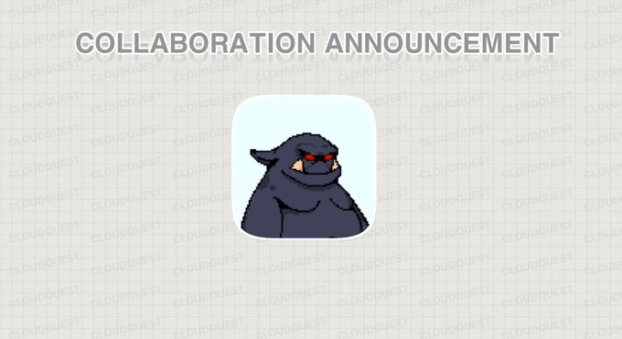 A "COLLABORATION ANNOUNCEMENT" banner featuring a dark, hooded character illustration with red eyes, set against a Cloud Quest branded background, promoting the CULT NFT collection of 6,666 characters including Ogres, Mages, and a secret class.