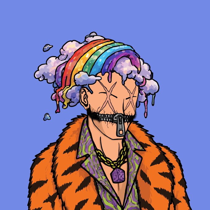 A digital illustration of a bald, bearded man in a vibrant orange tiger-print fur coat and patterned shirt, with a surreal rainbow melting into clouds atop his head, visually capturing the eccentric and avant-garde spirit of the "WEIRDOS" on-chain society NFT project.