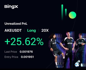 The image shows a BingX trading dashboard featuring an unrealized profit and loss (PnL) of +25.62% on a 20X leveraged long position in the AKEUSDT perpetual contract, with a last price of 0.001976 and entry price of 0.001951, alongside promotional graphics of esports players in BingX jerseys. The screenshot serves as visual evidence of a profitable long trade, supporting the accompanying post's message encouraging traders to keep longing on $AKE.