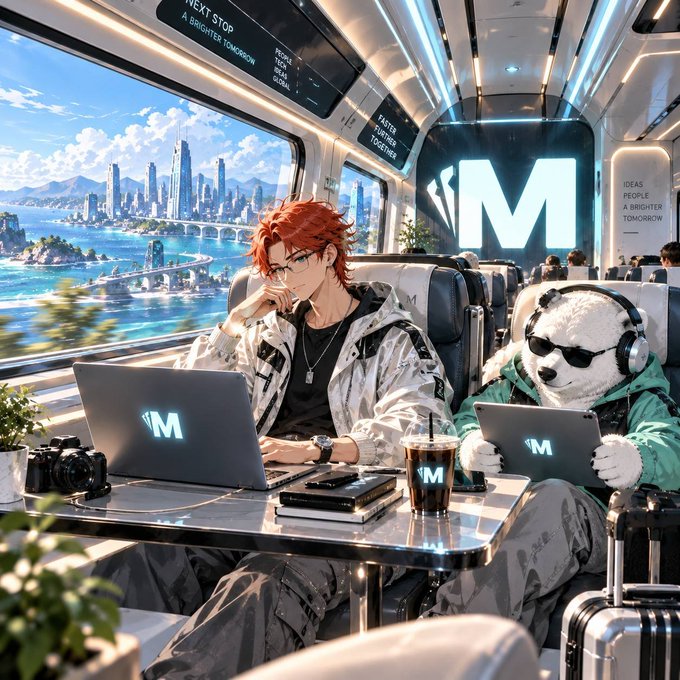 An anime-style illustration shows a red-haired man with glasses and a white bear wearing sunglasses, both working on laptops branded with 'M' inside a futuristic train overlooking a coastal city.