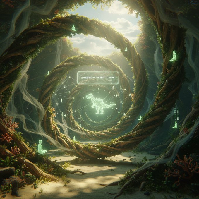 The image features a digital illustration of a forest scene, where a dinosaur is surrounded by trees and plants. The dinosaur appears to be glowing green, adding an element of fantasy to the scene. In addition to the dinosaur, there are several other creatures in the image as well, including a person sitting on a rock and another person standing near the center of the image.

The post includes text that reads "Sleep is the ultimate unlock Most apps fight for attention @sleepagotchi pays you to recover Simple loop Consistency levels your dino No chores just rest If they win retention this scales beyond crypto Infra is there Quip speed multi chain support Early proof with the 120k". The image also contains a code that reads "8-bit encryption best to win".