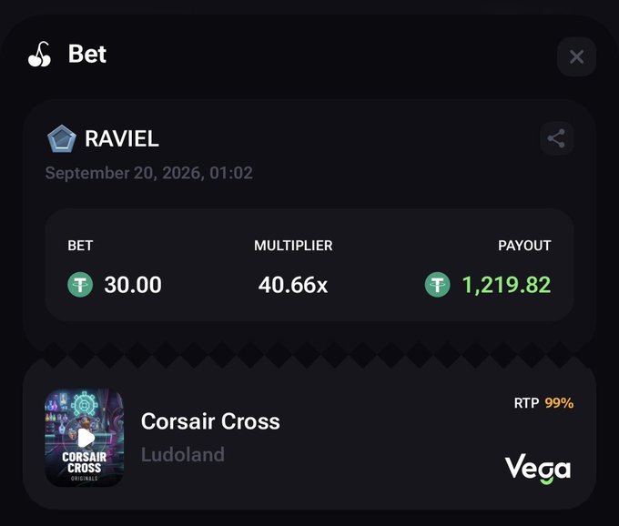 A screenshot of a betting interface showing a bet of 30.00 on 'Corsair Cross' by Ludoland on the Vega platform, yielding a 40.66x multiplier and a payout of 1,219.82 by user RAVIEL.