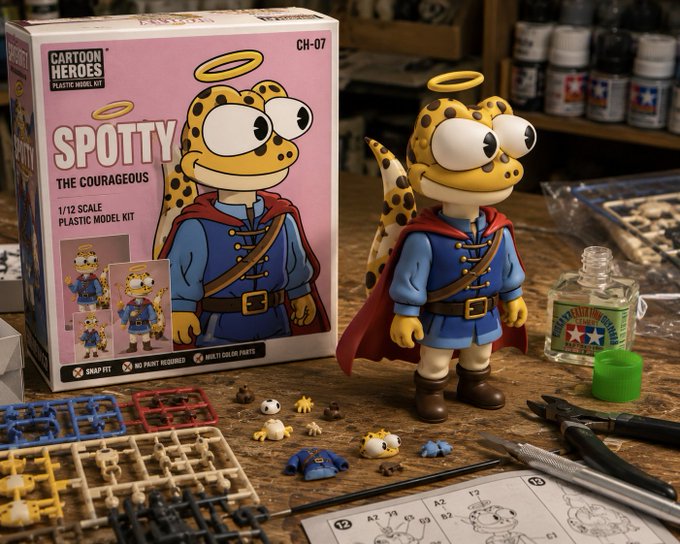 A 'Cartoon Heroes' plastic model kit of 'Spotty the Courageous' (CH-07) featuring a cheetah-like character in a blue uniform and red cape, displayed with unassembled parts and tools.