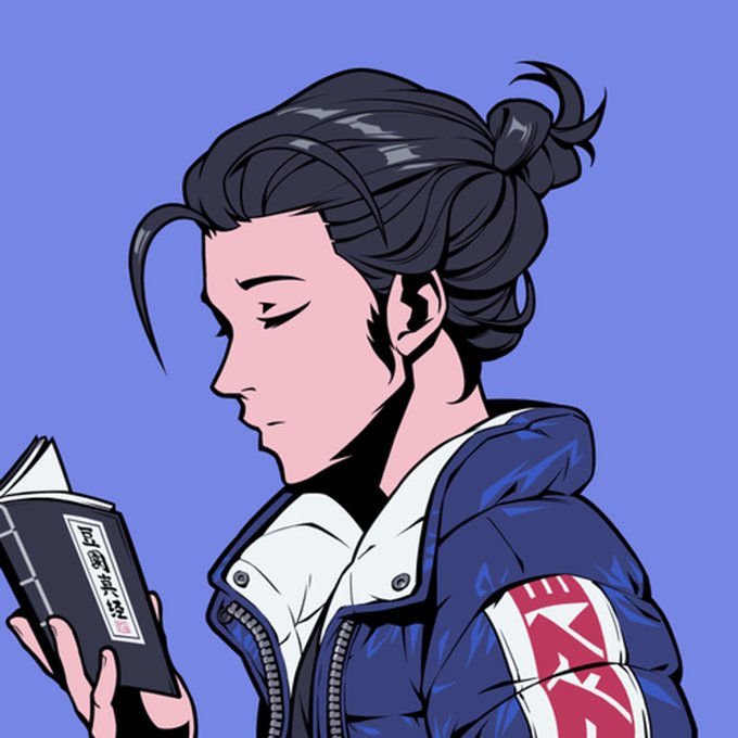 Digital illustration in anime style showing a woman with dark hair in a bun, wearing a blue jacket, reading a book with Chinese/Japanese characters on the cover against a purple background.