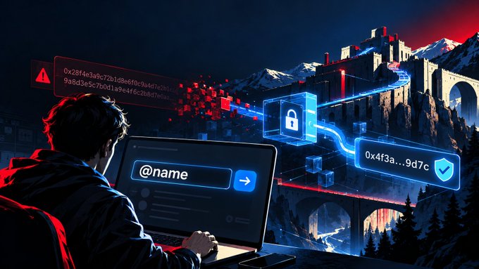 A hooded hacker sits before a laptop displaying a cryptocurrency wallet interface with the prompt "@name," while floating screen elements show a long hexadecimal address "0x28f4e3a9c72bd8e6f0c9d47cb9dd9a8d3e5c7bcd1a9e4f6c2b8a7e9dd4" alongside a warning alert and a verified shortened address "0x4f3a...9d7c" connected to a vault and fortress — visually illustrating the risks of copy-pasting wallet addresses without verification, as referenced in the accompanying post about human error and address tampering.