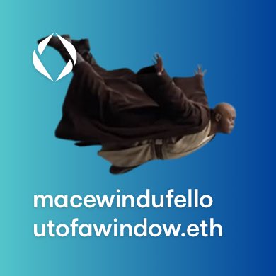 A graphic features a figure in brown robes appearing to float against a teal background, with a white logo at the top and text reading 'macewindufelloutofawindow.eth'.