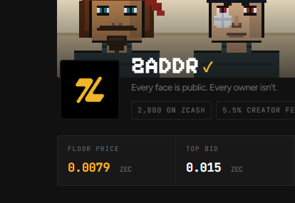 A NFT marketplace listing for the ZADDR collection showing a floor price of 0.0079 ZEC and a top bid of 0.015 ZEC.