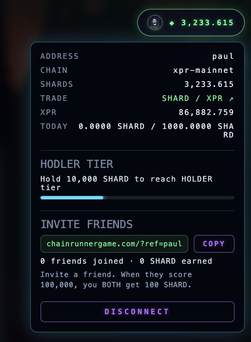 A profile dropdown displays the user's SHARD balance (3,233.615), XPR holdings (86,882.759), and a partial progress bar toward the 10,000 SHARD Hodler tier, while showcasing the referral system that grants 100 SHARD to both the inviter and invitee once a referred friend scores 100,000 points.