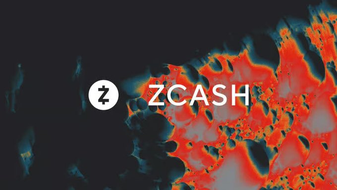 A dark promotional banner for ZCASH featuring the cryptocurrency's logo and name against a fiery red and orange abstract background.