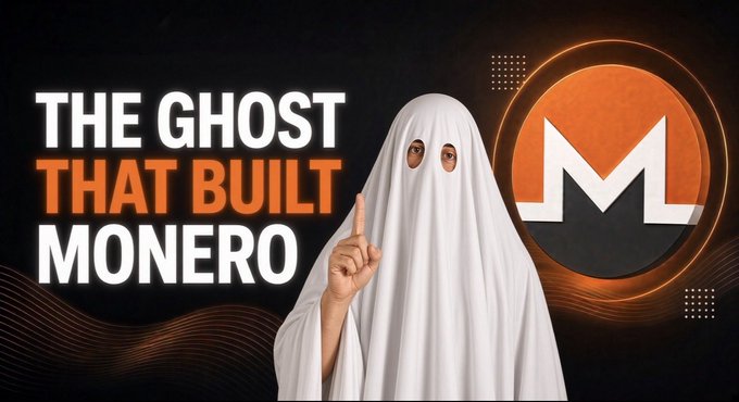 A person dressed in a classic white ghost costume with cut-out eye holes holds up a finger next to bold text reading "THE GHOST THAT BUILT MONERO," alongside the orange Monero (XMR) logo—visually representing the cryptocurrency's mysterious, anonymous origins.