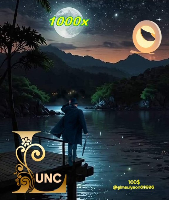 A lone figure in a dark coat and hat stands on a wooden dock by a moonlit lake, gazing at a full moon that has been creatively edited to resemble the LUNA Classic logo, with "1000x" floating above it. The "LUNC" ticker is prominently displayed in golden letters on the left, alongside "@glmaulyaeon69086" and "100$," symbolizing the holder's hope for a massive price surge despite the coin's current struggles during a market downturn.