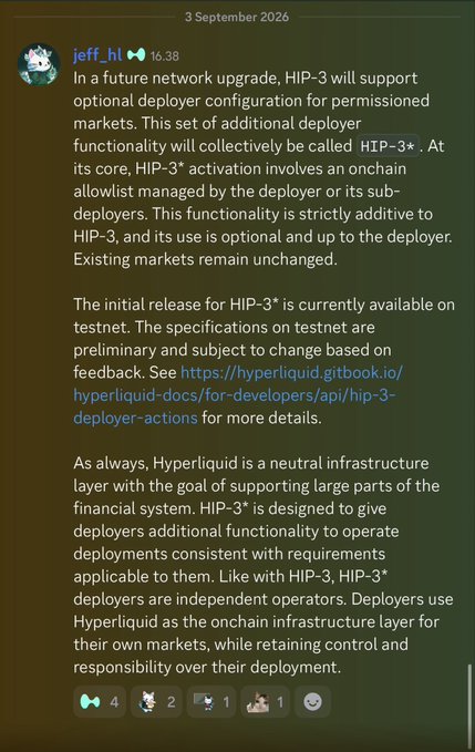 A Telegram message from "jeff.hl" dated 3 September 2026 announces that HIP-3 will support optional deployer configuration for permissioned markets, with a link to HIP-3* deployer actions documentation and emphasizing that deployers retain control over their deployments—aligning with speculation about Hyperliquid expanding into regulated markets like the USA.