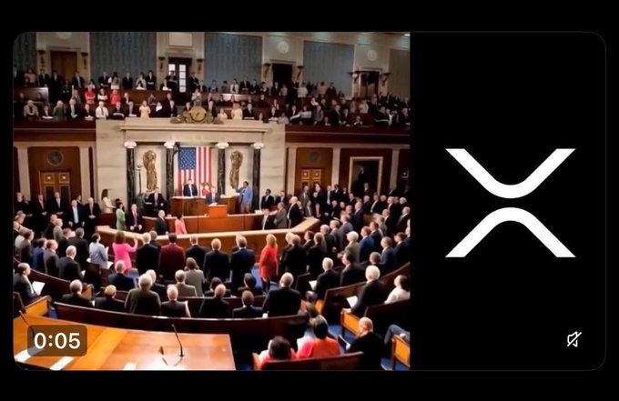 An image of the U.S. House of Representatives chamber in session with a timer showing "0:05" and the XRP logo prominently displayed on the right side, relating to discussions of a potential 0% capital gains tax for crypto and XRP payments.