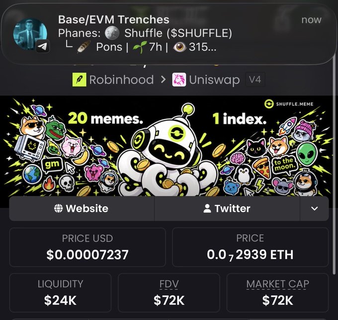 Screenshot of a cryptocurrency tracker showing the $SHUFFLE token on the Base/EVM network with a price of $0.00007237, liquidity of $24K, and market cap of $72K, advertised as '20 memes. 1 index.' via Robinhood to Uniswap V4.
