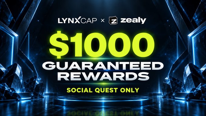 A digital promotional banner with a dark, futuristic stage background displaying "LYNXCAP x zealy", "$1000 GUARANTEED REWARDS", and "SOCIAL QUEST ONLY".