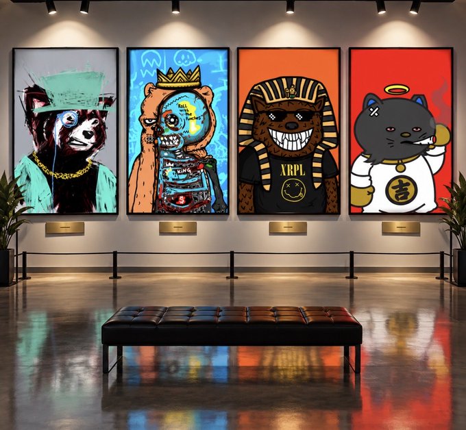 Four large NFT artworks featuring stylized animal characters—a panda in a top hat, a crowned zombie-like creature, a grinning bear wearing a pharaoh headdress with "XRPL" on its shirt, and a cat-maneki-neko with a halo and a "吉" (good fortune) coin—are displayed in a modern gallery above a black bench. The post highlights these as the user's favorite four NFTs by different artists, with the bear specifically representing the XRPL (XRP Ledger) community, tying the collection together through a shared passion for crypto and digital art.