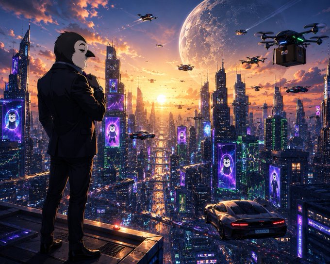 A cyberpunk-style figure in a black suit and mask overlooking a sprawling futuristic cityscape at sunset, filled with skyscrapers, flying drones, neon billboards displaying cartoon avatars, and a sports car on a ledge.