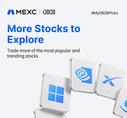 A promotional graphic for MEXC's 0808 event featuring the heading "More Stocks to Explore" and the hashtag "#My0808Picks," displaying 3D tiles with company logos including Microsoft. The image aligns with the post's message by highlighting MEXC's stock futures offering, which allows traders to take long or short positions on popular and trending stocks during market events like earnings and sector shifts.