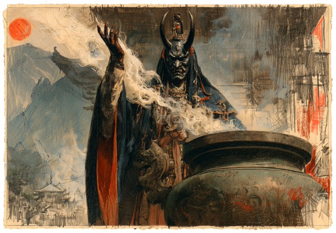 A painted illustration depicts a dark, demonic figure wearing an ornate horned mask and robes, raising one clawed hand as wisps of smoke drift from a large iron cauldron in the foreground, with mountains and a red sun in the background.