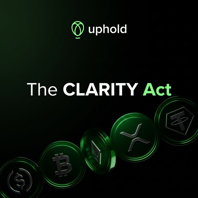 Uphold promotional graphic featuring the text "The CLARITY Act" alongside glowing green coins representing various digital assets including Bitcoin (₿), Ethereum (Ξ), XRP, and Tether (₮), visually tying the upcoming Senate cloture vote on digital asset regulation to the cryptocurrencies and stablecoins the legislation would govern.