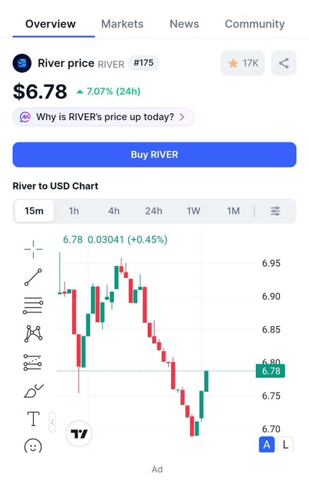 The image shows a mobile phone screen displaying a graph of cryptocurrency prices. On the left side of the graph are two lines depicting the price trends of river-to-USDCash and USDCash against the US dollar. The right side of the screen offers an overlay containing additional information about the trading platform.