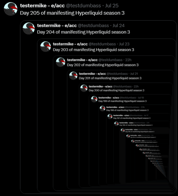 A recursive cascade of tweets from 'testermike - e/acc @testdumbass' counting down 'Day 205 of manifesting Hyperliquid season 3' and previous days in a diminishing spiral.