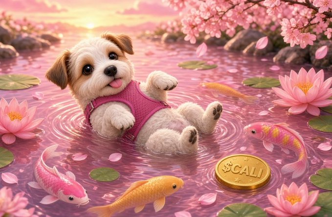 A whimsical digital illustration of an adorable fluffy puppy in a pink harness floating on its back in a pond with pink lotus flowers, surrounded by colorful koi fish and a gold coin labeled '$CALI'.