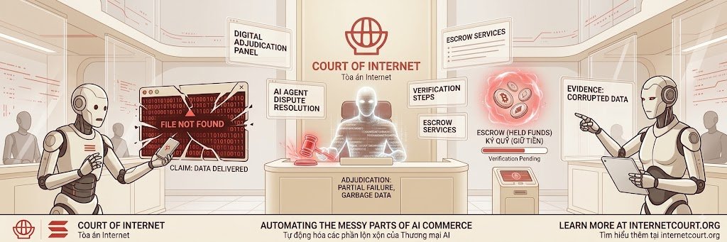A promotional banner for the 'Court of Internet' (internetcourt.org), depicting a futuristic AI dispute resolution service with robots handling claims, evidence verification, and escrow services in multiple languages including English and Vietnamese.
