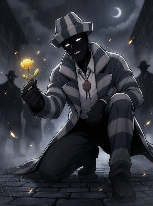A faceless figure in a checkered suit and fedora kneels on a rain-slicked cobblestone street, holding a glowing dandelion, with shadowy figures looming behind—evoking the quiet resolve and anticipation of a long bear market nearing its end. The solitary figure standing firm against the dark, stormy backdrop mirrors the post's message of steadfast belief in an imminent, massive breakout.