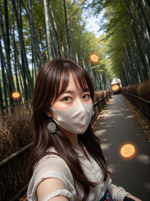 A young woman wearing a white face mask takes a selfie along the Arashiyama Bamboo Grove path in Kyoto, Japan, with several Bitcoin symbol emojis floating around the image.