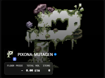 A pixel art NFT listing on what appears to be OpenSea showing 'PIXONA: MUTAGEN' with a glitchy, corrupted skull-like image, a floor price and total volume both at 0.00 ETH.